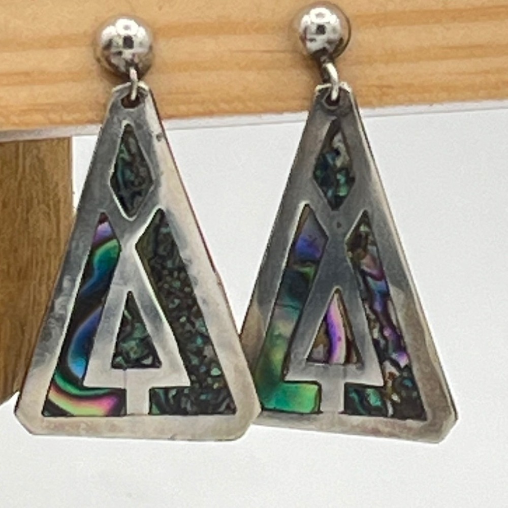 VTG Iguala Mexico Sterling Abalone Triangle screw‎ back earrings 40s